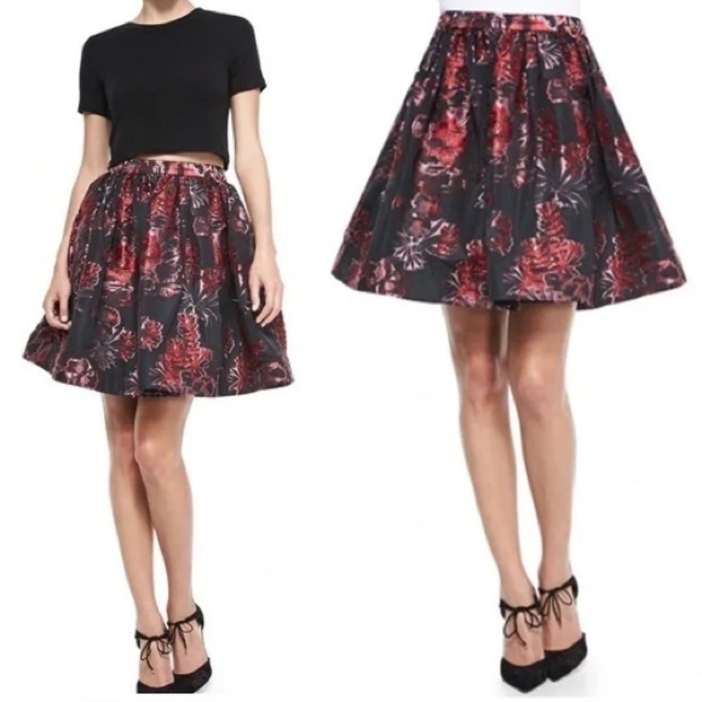 Alice + Olivia Black Floral Mini Skirt with Red Accents